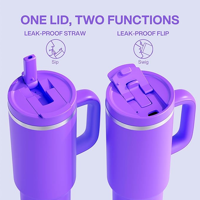 40 oz Tumbler with Handle and Straw: Stainless Steel Insulated Tumbler Keeps Cold for 24 Hours, Leakproof Travel Cup Fits in Cup Holder and BPA-Free, Violet