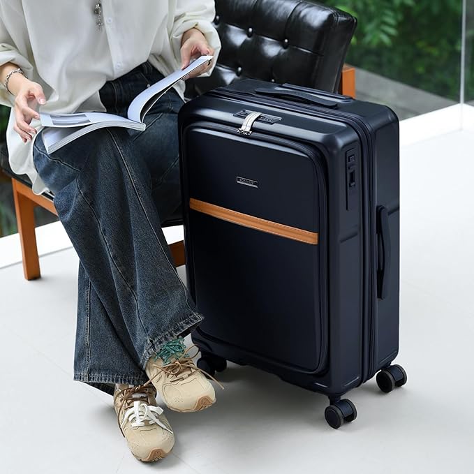 ROAMING Expandable 20 Inch Carry On Luggage with Mute Brake Wheels Airline Approved Hard Shell Suitcases with Front Pocket Top Opening Luggage with TSA Lock for Short Business Travel, Glaze blue