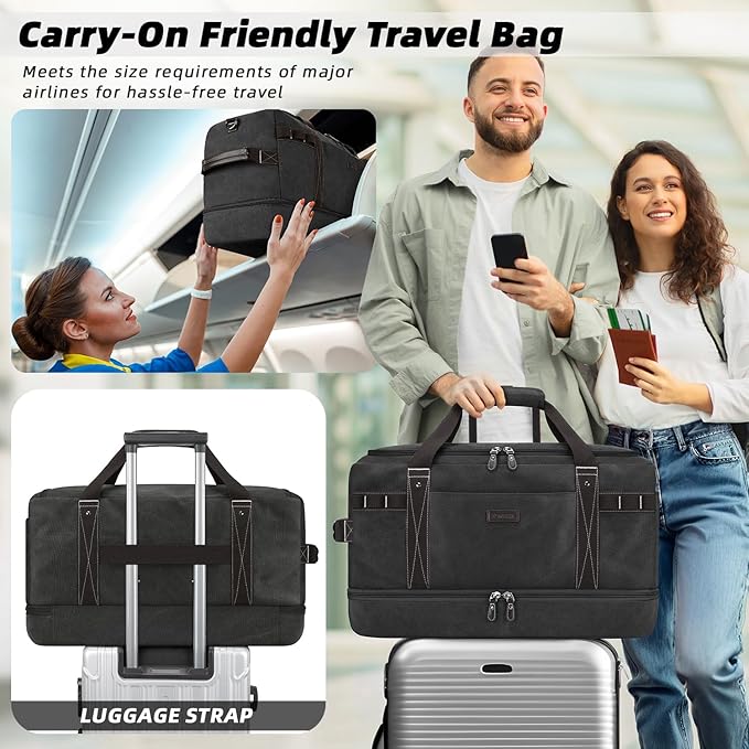 ZOMFELT Travel Duffle Bag for Men, 45L Waterproof Canvas Overnight Duffel Bag with Removable Dividers & Shoe Compartment, Carry On Weekender Gym bag, Multi-Pocket & Vintage Design (Washed Black)