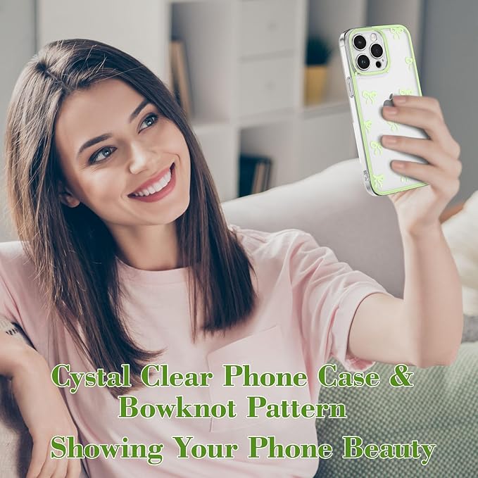 EYZUTAK Case for iPhone 13 Pro Max, Clear Cute Ribbon Bowknot Pattern Aesthetic Transparent Phone Case Raised Camera Protection Stylish Slim Soft Durable TPU Protective Cover for Women Girls - Green