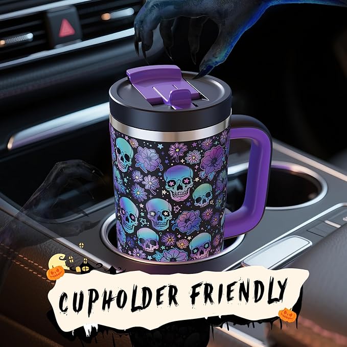 40oz Halloween Tumbler with Handle and Straw, Stainless Steel Insulated Water Bottle with Straw, Leak-Proof, Cup Holder Friendly, Keeps Cold 24 H, Gifts for Women Men, Floral Afterlife