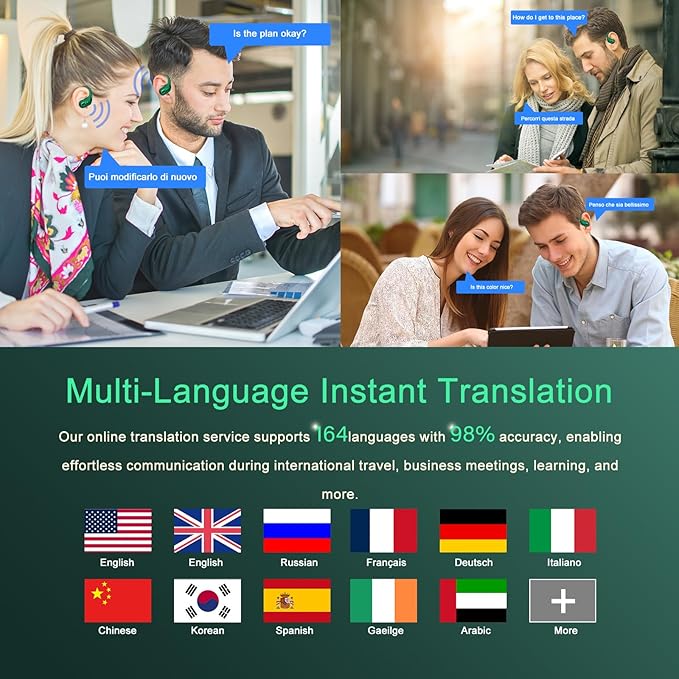 AI Translation Earbuds Real Time, 164 Language Translator Earbud 3-in-1 Bluetooth 5.4 Translator Earbuds with 6 Translation Modes, 75H Translators Headphones with APP for Travel Business, Dark Green