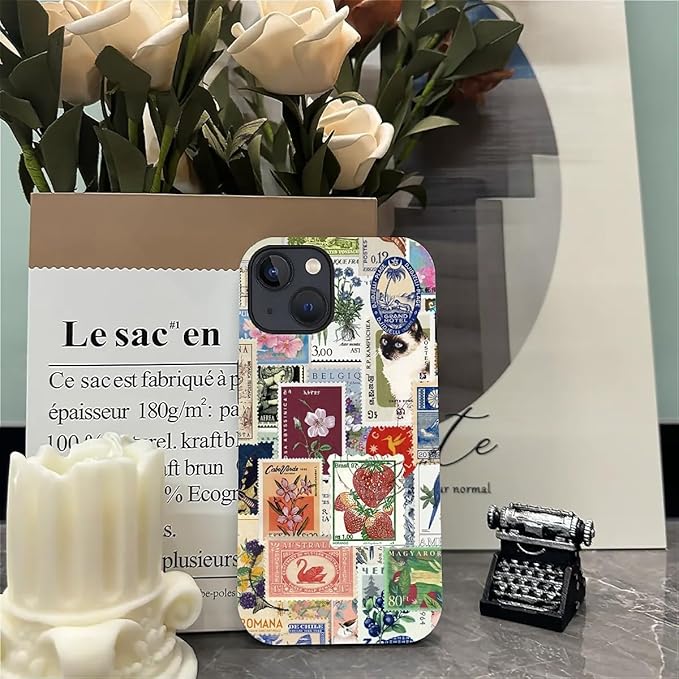 Case for iPhone 13 iPhone 14,Vintage Stamp Collage for Woman Men Full Body Protective Cover Shockproof 2 in 1 Silicone + Hard PC Design Case