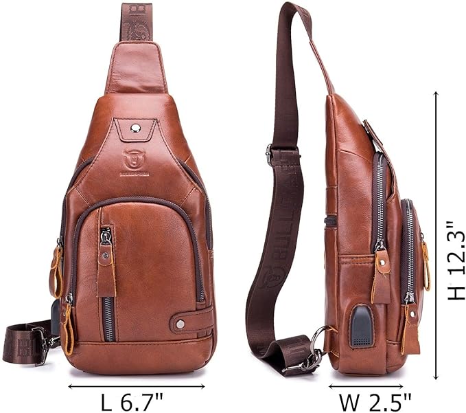 BULLCAPTAIN Genuine Leather Mens Sling Bag Multipurpose Travel Crossbody Chest Bag Daypacks with USB Charging Port (Brown)