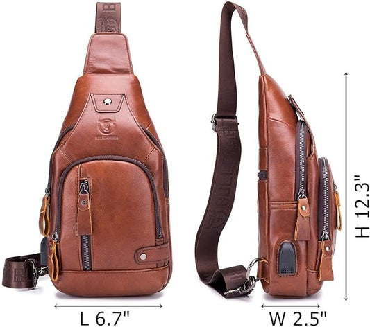 BULLCAPTAIN Genuine Leather Mens Sling Bag Multipurpose Travel Crossbody Chest Bag Daypacks with USB Charging Port (Brown)