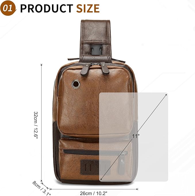Vintage PU Leather Sling Backpack for Men, Crossbody Bag, Adjustable Shoulder Strap, Compact Backpack for Travel, Daily Use, and Gift, Light Brown