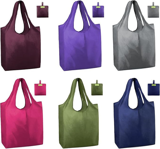 BeeGreen Reusable Grocery Bags 6 Pack, Heavy Duty Totes for Women, Foldable Grocery Bag Large Shopping Totes with Handles for Work, Travel, Gift, Store, Polyester Washable Reusable Tote Bag