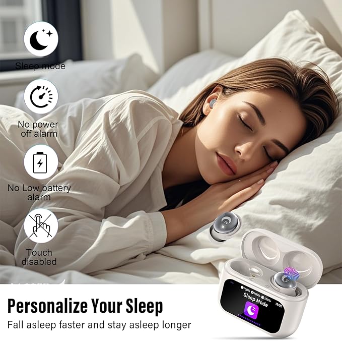 Sleep Earbuds Bluetooth 5.4 in Ear Smart Touch Screen Ear Buds, 48H Playtime Mini Sleep Headphones Small Design for Side Sleepers, Crystal-Clear Calls, 5 EQ Modes, IPX7 Waterproof Earphones Bee White