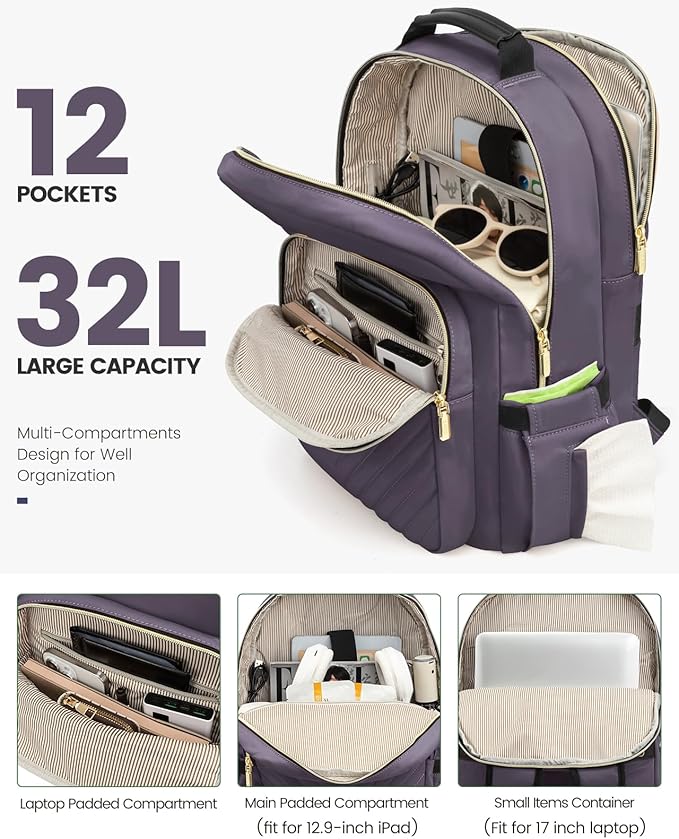 LOVEVOOK Laptop Backpack for Women, Large Capacity Travel Computer Work Bag with 17-inch Laptop Compartment, Business Nurse Backpack Purse, Hiking Outdoor Carry On Backpack, Purple Grey