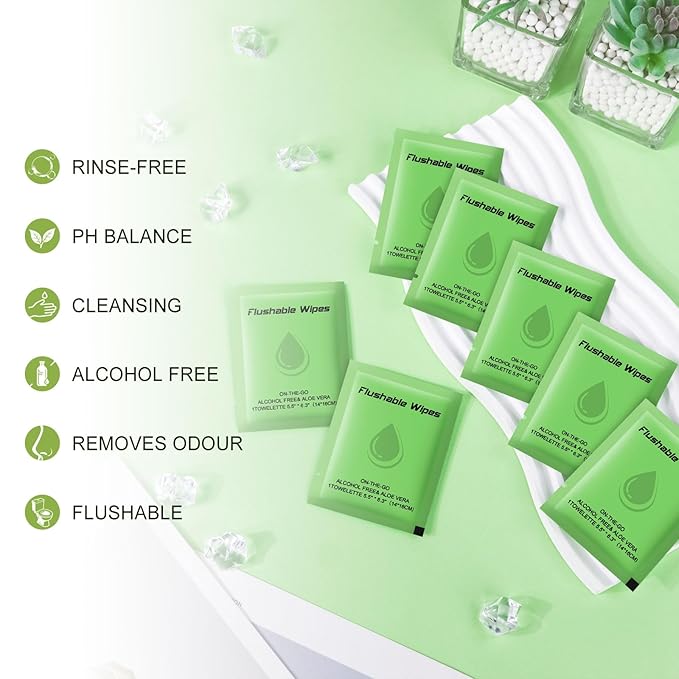 twoworld Flushable Wipes Travel Size Individually Wrapped for Women and Men,Unscented Wet Wipes Travel Size for Adult,Women,Men,Girl and Homeless (green,pack of 50)