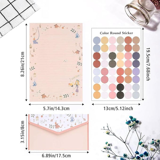 64 Pcs Stationery Paper Envelopes Set Includes 42 Lined Writing Paper & 21 Envelopes with 48 Colorful Round Dot Stickers, Cute Vintage Floral Letter Writing and Stationery Paper Envelopes(7Style)