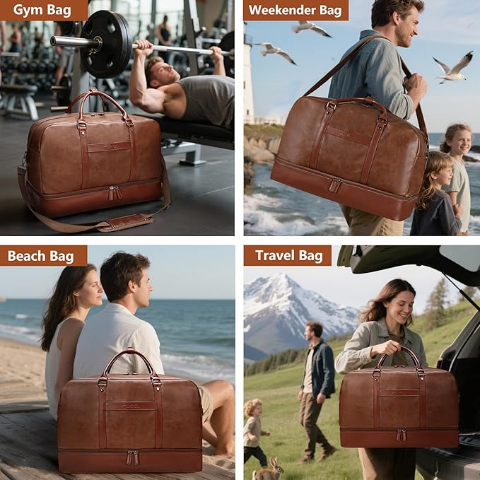 4PCS Duffle Bag for Travel, Weekender Overnight Bag for Women & Men, Large Leather Duffel Carry On with Shoe Compartment, Gym Sports Bag (Brown)