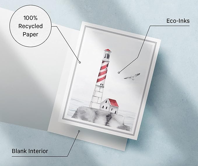 Twigs Paper - 12 Nautical Lighthouse Note Cards - Greeting Cards for All Occasions - 3 Different Design Pack With Envelopes - Personalized Thank You Cards - Made in USA (5.5 x 4.25 inches,Set of 12)