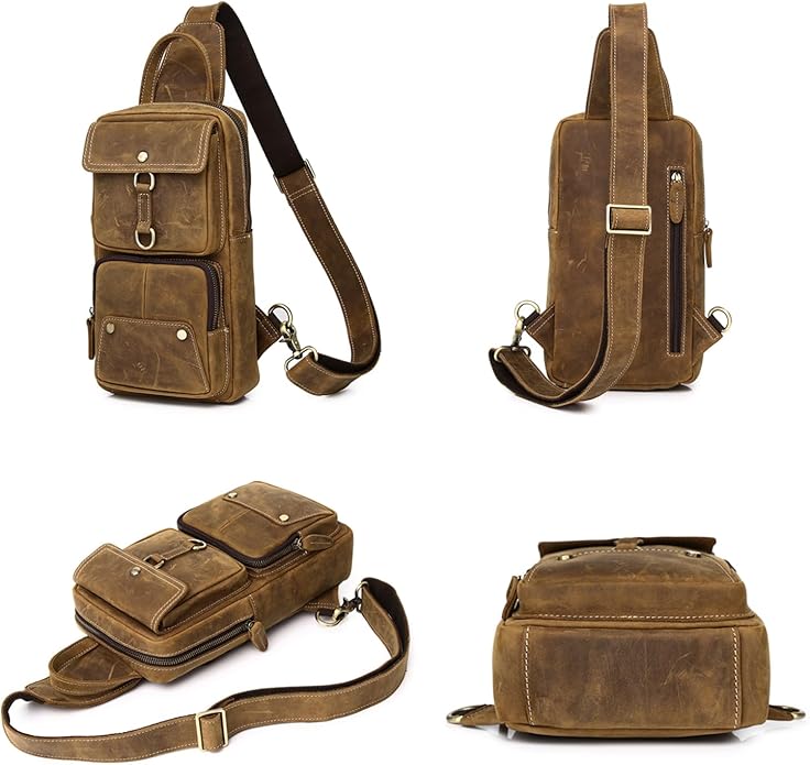 Genuine Leather Sling Bag for Men Women Backpack Chest Shoulder Satchel Crossbody Bags Casual Outdoor Daypack