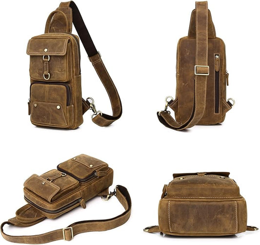 Genuine Leather Sling Bag for Men Women Backpack Chest Shoulder Satchel Crossbody Bags Casual Outdoor Daypack