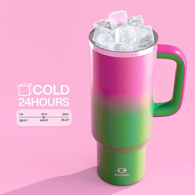 40 oz Tumbler with Handle and Straw: Stainless Steel Insulated Tumbler Keeps Cold for 24 Hours, Leakproof Travel Cup Fits in Cup Holder and BPA-Free, Fuchsia