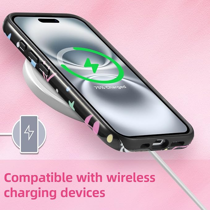 QLTYPRI Case for iPhone 16, Aesthetic Colorful Bow Cherry Stars Phone Case for Girls Women, Protective Hybrid 2-Layer Hard Shell Silicone Cover Durable Shockproof Phone Cover - Black