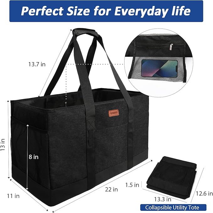 MHOMER Reusable Grocery Bags Extra Waterproof Large Utility Tote Bag with Carrying Handles Foldable Shopping Bags for Storage Space Saving Reinforced Bottom Durable Oxford Fabric Black