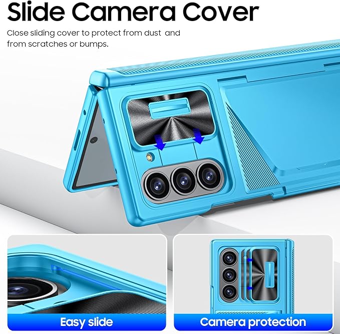 for Samsung Galaxy Z Fold 6 Case with Card Holder, Built in RFID Blocking & Slide Camera Cover & Hinge Protection & Full-Body Rugged Shockproof Wallet Case for Galaxy Z fold 6 (Lake Blue)