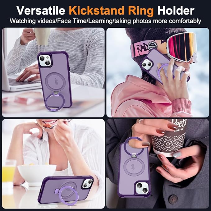 Compatible with iPhone 14 Plus Case with Invisible Magnetic O-Ring Stand Military-Grade Translucent Case for iPhone 14 Plus 6.7" [Compatible with Mag-Safe][Great Grip Feeling], Purple