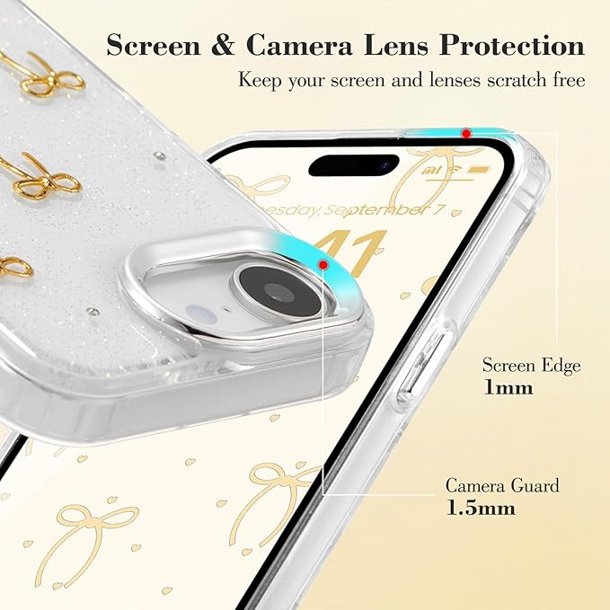 EYZUTAK Case for iPhone 16e, Bling Glitter 3D Bowknot Phone Case Cute Sparkly Crystal Clear Bow Aesthetic Design Cover Slim Soft Durable TPU Transparent Protective Cover for Women Girls - Gold Bow
