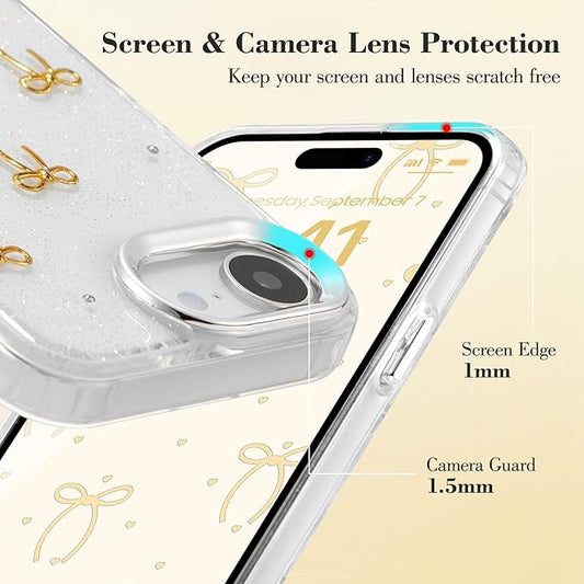 EYZUTAK Case for iPhone 16e, Bling Glitter 3D Bowknot Phone Case Cute Sparkly Crystal Clear Bow Aesthetic Design Cover Slim Soft Durable TPU Transparent Protective Cover for Women Girls - Gold Bow
