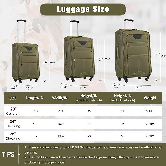 Merax Softside Luggage Set Softshell Lightweight 3 Piece Spinner Suitcase 22" 26" 30" Army Green
