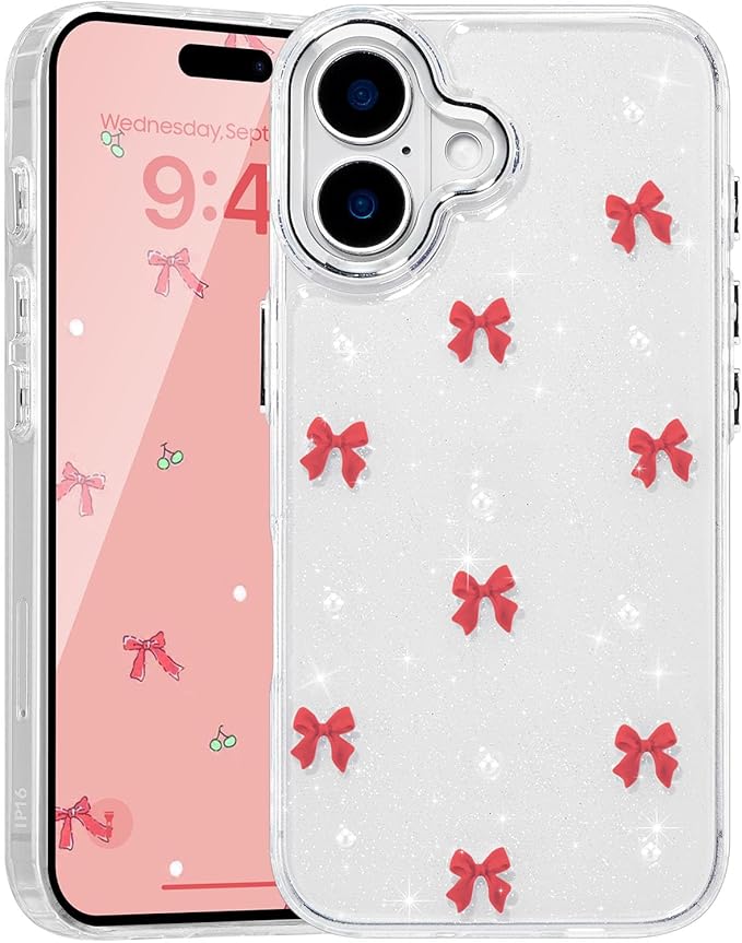 EYZUTAK Case for iPhone 17, Bling Glitter 3D Bowknot Phone Case Cute Sparkly Crystal Clear Bow Aesthetic Design Cover Slim Soft Durable TPU Transparent Protective Cover for Women Girl - Red Bow