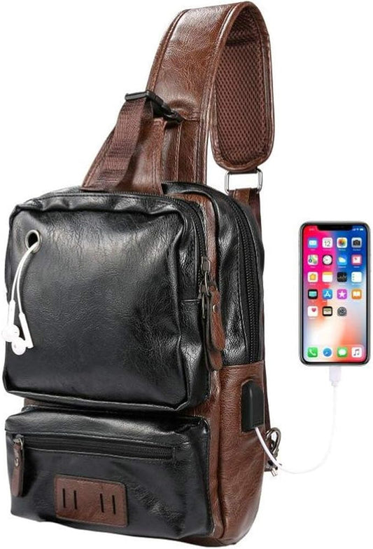 Men's Lightweight PU Leather Sling Bag - Breathable Crossbody Pack with USB Charging Port & 6 Pockets, Easy Access Organizer for Tablet/Gym Essentials - Commute, Travel, Work(Black)