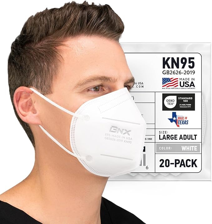 BNX KN95 Face Masks Made in USA (Adult Large, Adult Medium, Kids Small) (Earloop) (Model: E95/E95M/E95S)