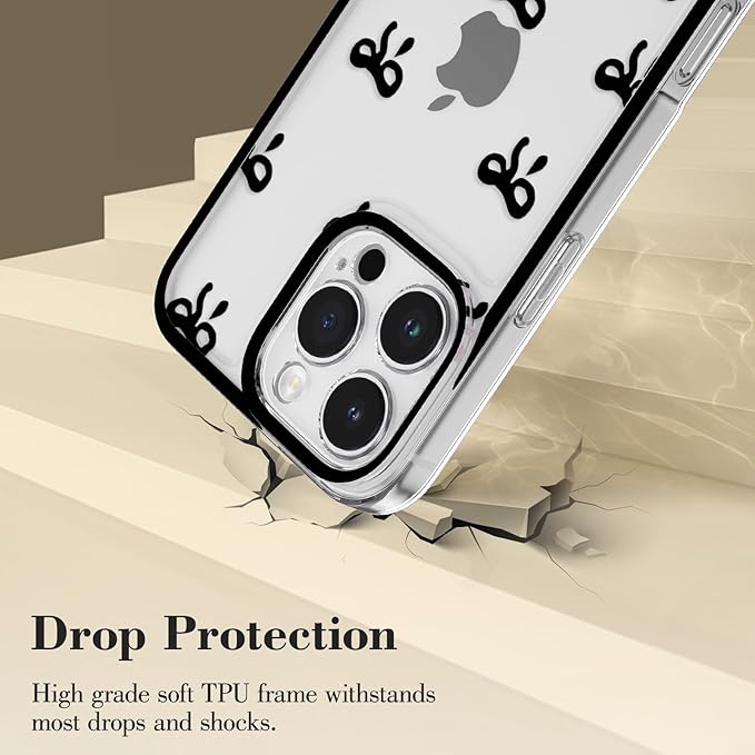 EYZUTAK Case for iPhone 17 Pro Max, Clear Cute Ribbon Bowknot Pattern Aesthetic Transparent Phone Case Raised Camera Protection Stylish Slim Soft Durable TPU Protective Cover for Women Girls - Black