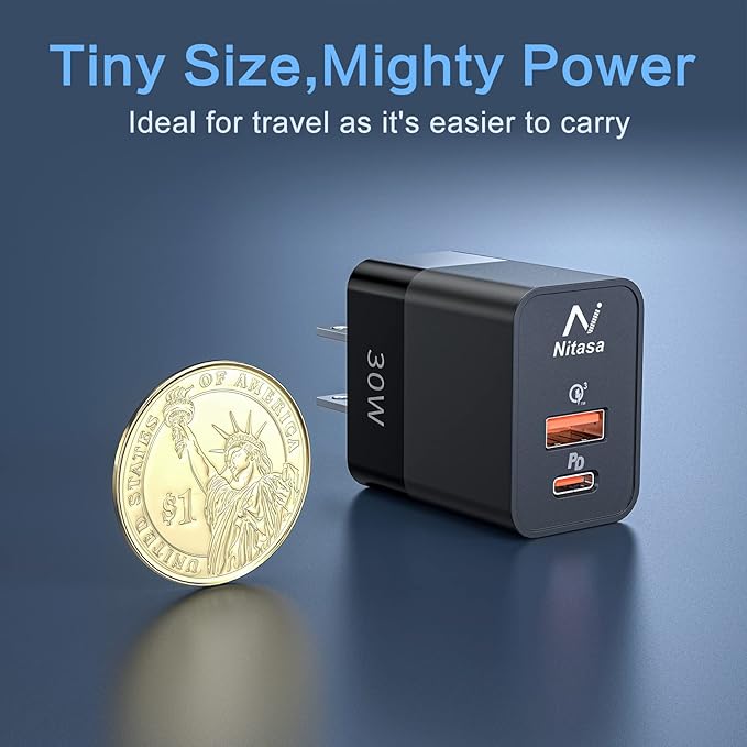 USB C Wall Charger,NITASA 30W 2 Port GaN III PD Fast Charger Adapter Block for iPhone 14/15 Pro/16 Pro Max/16 iPad,Super Fast Charger Block(25W)Type C charging for Samsung S25 S24 Pixel 9a/8a 8 9 Pro