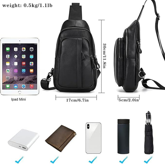 Genuine Leather Sling Bag Multi-pocket Chest Bag for Men Hiking Travel Daypack
