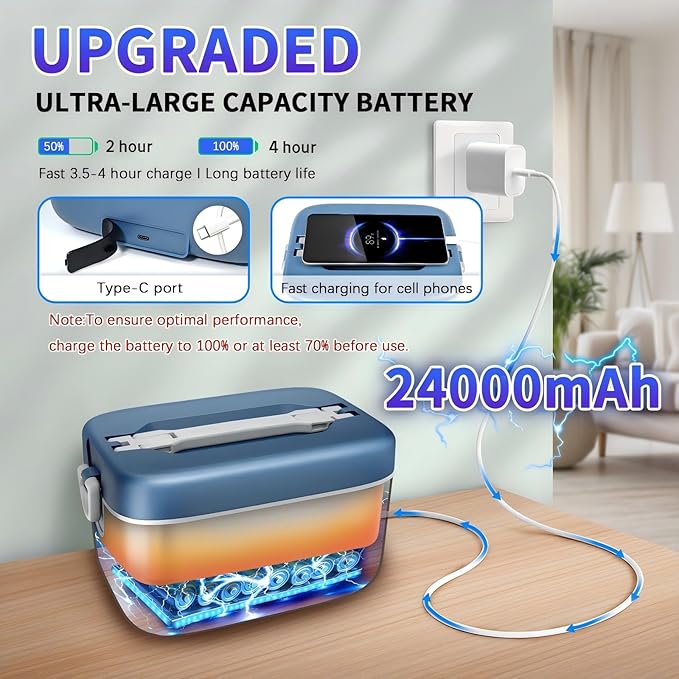 Cordless Electric Lunch Box,24000mAh Battery Powered Self Heating Lunch Box,1.2L Portable Food Warmer With Removable Divider,Insulated Bag & Utensils,For Office & Outdoor Use