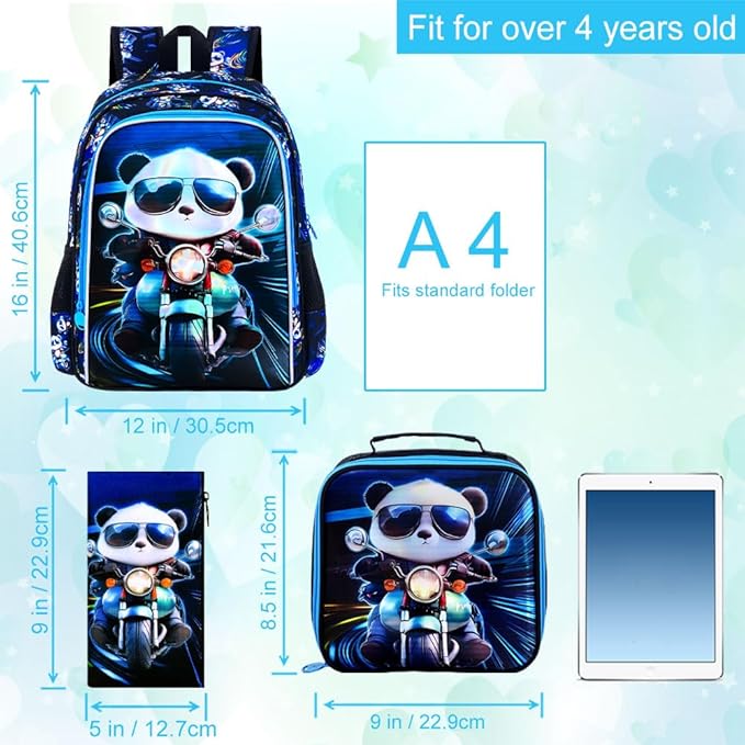 CCJPX 3PCS Backpack for Boys, 16 Inch Kids Panda Water Resistant Preschool Backpacks, Cool Kindergarten School Bookbag Set for Teen Travel