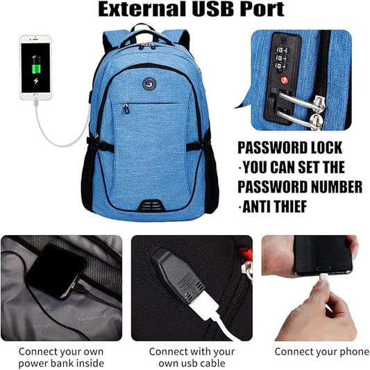SHRRADOO Anti Theft Laptop Backpack Travel Backpacks with usb Charging Port for Women Men High School College Backpack Computer Bag Fits 17 Inch Laptop,Sky Blue