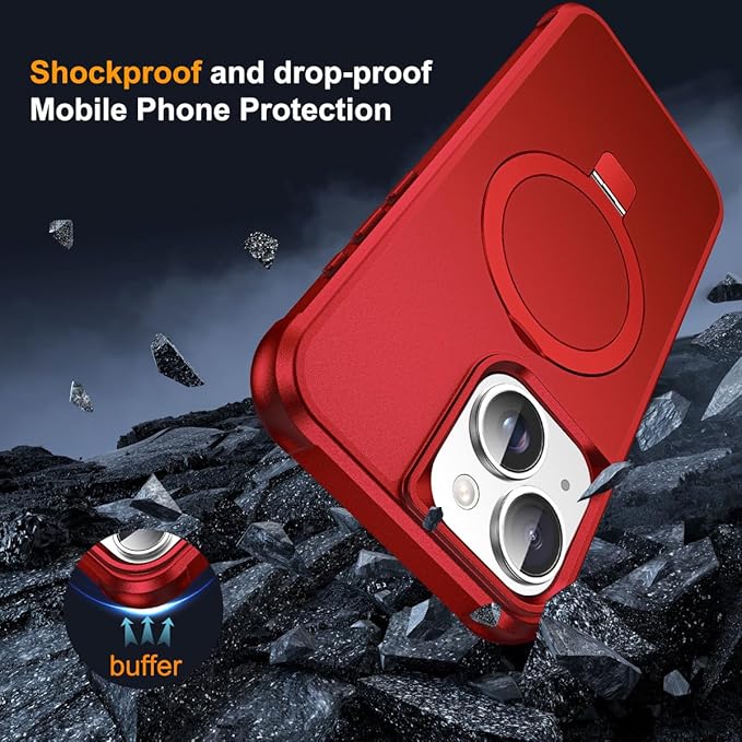 Compatible with iPhone 15 Plus Case with Invisible Magnetic O-Ring Stand Military-Grade Case for iPhone 15 Plus 6.7" [Compatible with Mag-Safe][Great Grip Feeling], Red