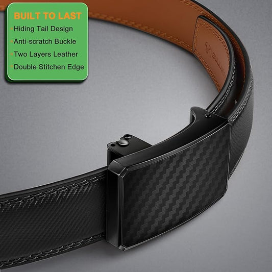 BULLIANT Men Ratchet Belt 2 Pack, Click Sliding Leather Belt Adjustable for Gift Men Dress Casual Jeans 1 3/8,Cut for Fit