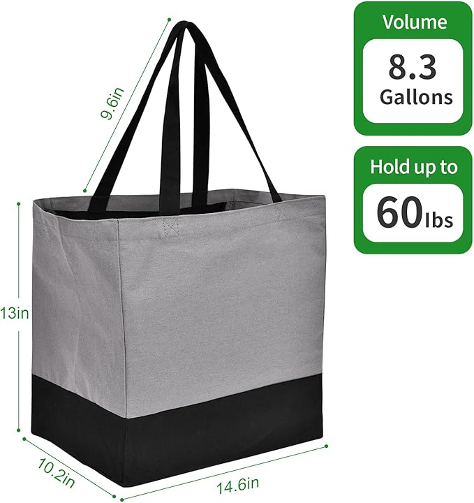 3 Pack Reusable Grocery Bags Heavy Duty, 8.3 gal Foldable Large Canvas Tote Bag with Handles, Holds 60 lbs Eco-friendly Bags with 5 Pockets, Grey+Black