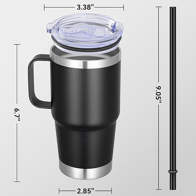 20 oz Stainless Steel Tumbler with Handle Bulk Metal Insulated Tumblers Travel Coffee Mug with Handle Double Wall Tumbler Cup with Lid and Straw, Black 12 Pack