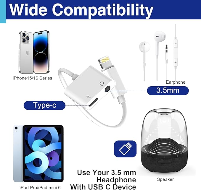 Lightning to 3.5 Mm Headphone Jack Adapter for iPhone, iPhone Aux Adapter Converter Dongle Audio Cable Compatible with All Models Before Apple 14