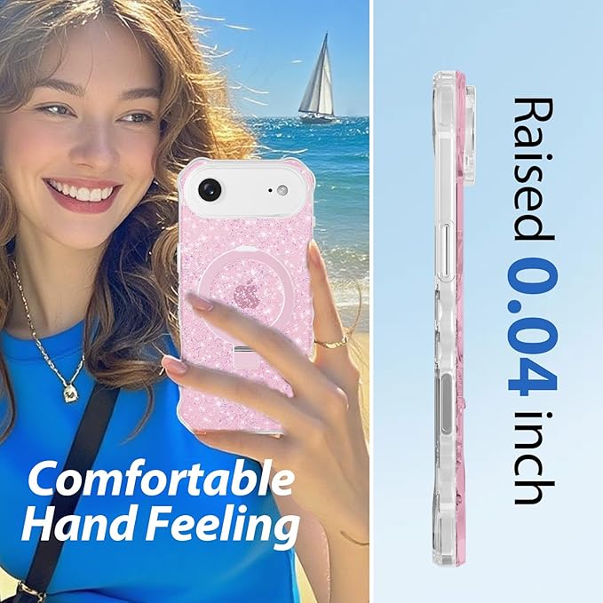 Magnetic for iPhone Air Case with Invisible Stand, Compatible with MagSafe, Clear Bling Sparkle Shockproof Slim Anti-Slip Military Drop Protection Hard Phone Case 6.5" Glitter Pink