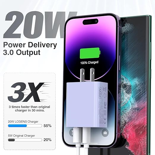 iPhone 16/15 Charger, USB C [3 Pack] Dual Port QC + PD Wall Charger Block With USB A Quick Charging Brick Plug for Apple iPhone 16/16 Pro Max/16 Plus/15/14/13/12/11/X/iPad - Purple