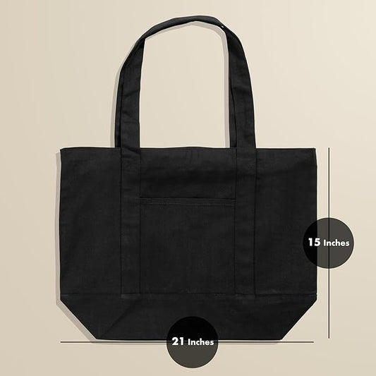 Carrywell |Not Made in China| Cotton Tote Bags, Reusable Grocery Shopping Bag with Zipper Closure and Front Pocket, Heavy Duty Organic Cloth w/Handles