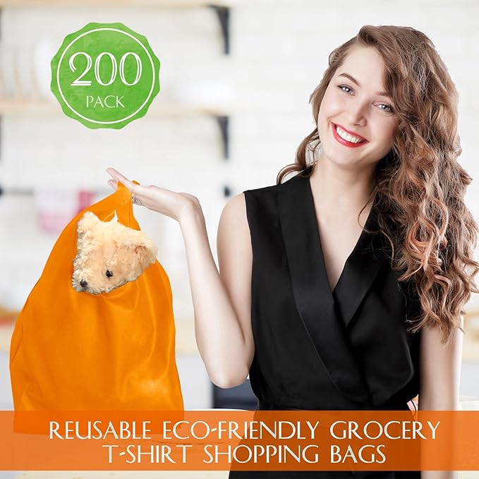 Windyun Large Grocery T-shirt Bags Bulk Reusable Non Woven Shopping Bag Foldable Gift Tote with Handle, 21x11x6 Inch