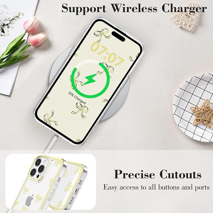 EYZUTAK Case for iPhone 11 Pro Max, Clear Cute Ribbon Bowknot Pattern Aesthetic Transparent Phone Case Raised Camera Protection Stylish Slim Soft Durable TPU Protective Cover for Women Girls - Yellow