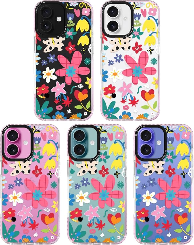 for iPhone 16 Plus Case, Whimsical Floral Collage Pattern, Military-Grade Drop Protection, Cute Soft Slim TPU Protective Cover with Camera Lens Protection for Women & Girls