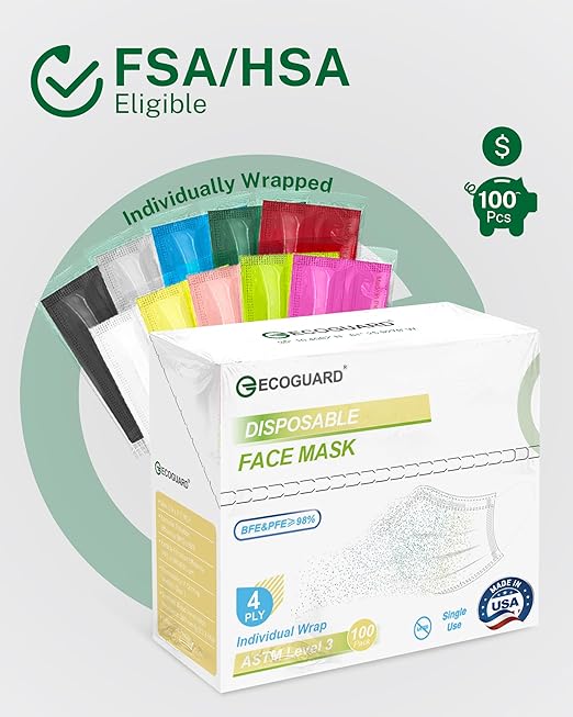Disposable Face Masks Made in USA, 4 Ply for Families, Students, Breathable All-Day Wear & Safety, FSA HSA Eligible, ASTM Level 3 Medical Grade, 100 Pack Individual Wrap, Colorful