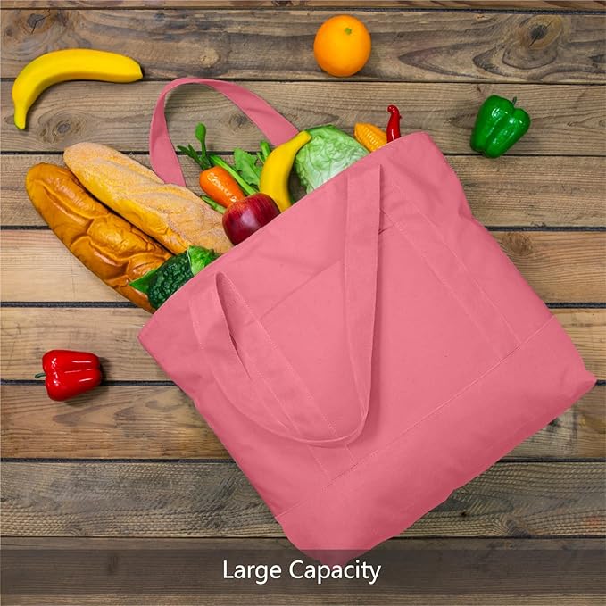 TOPDesign 1-Pack Canvas Tote Bag with an External Pocket, Reusable Grocery Shopping Bag, Top Zipper Closure, Daily Essentials (Rose Pink)