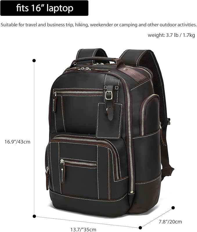 LANNSYNE Vintage Genuine Leather Backpack for men, 15.6" Laptop Backpack Travel Camping 24L Rucksack